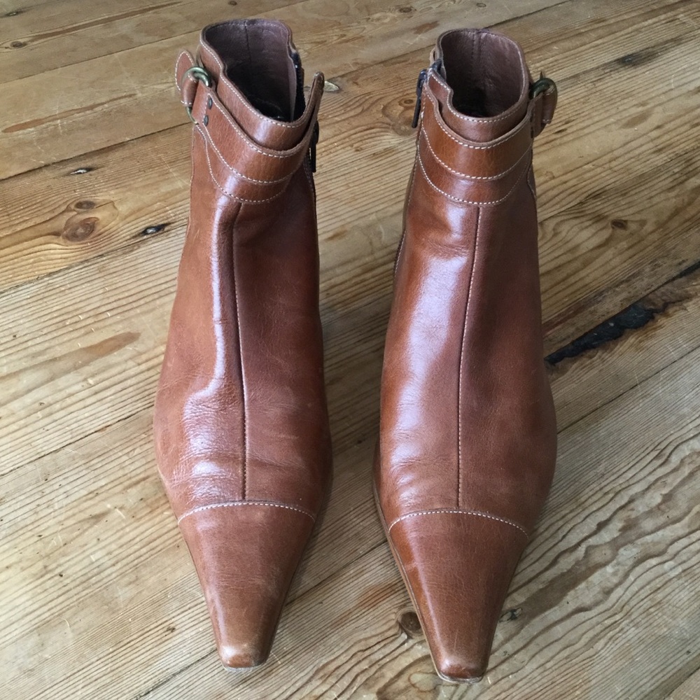 Fosco Tan Leather Pointy Toe Kitten Heel Booties